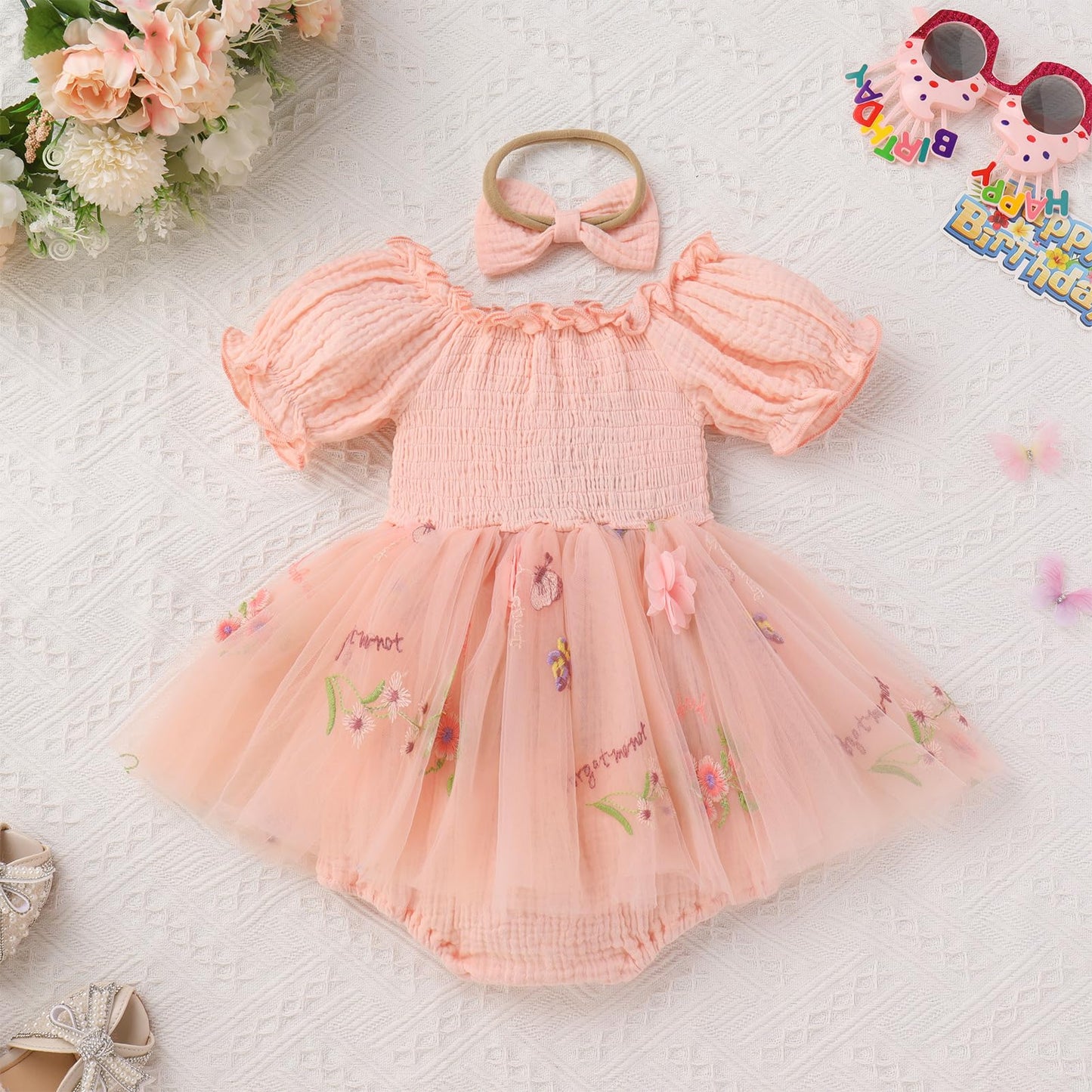 IMEKIS First Birthday Outfit Girl: Onederful Fairy 1st Smash Cake Baby Easter Smocked Dress Boho Bubble Romper Toddler Spring Photoshoot Tulle Tutu Tea Party Pink Floral One 12-18 Months