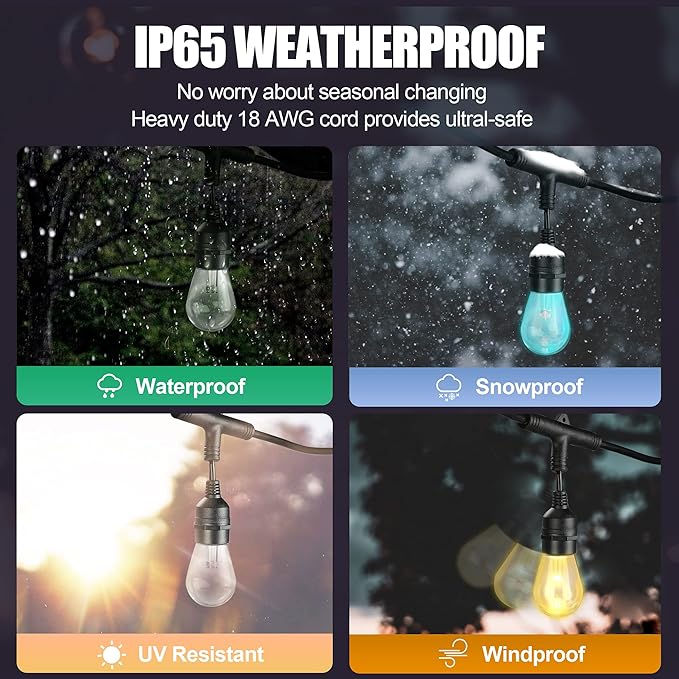 iMagic Outdoor String Lights, 49 Ft Smart RGB Patio Lights, 15 LED Bulbs Multi Color String Lights, for Alexa/Google Assistant, App Control, 2.4 GHz Only, IP65 Waterproof, Meet to U.S. Standards