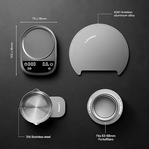 LAYBIRD MagAttach Modular Magnetic Coffee Scale with Timer, Espresso Scale for Pour Over Coffee, Flow Rate and Brew Ratio Display, Rechargeable Precision Scale