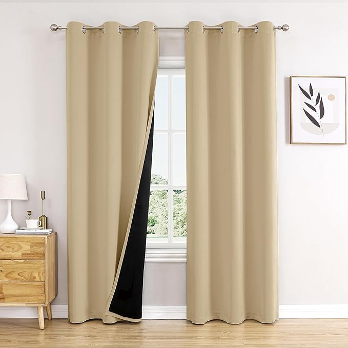 ChrisDowa 100% Blackout Curtains 84 inch Long for Bedroom with Black Liner, 2 Thick Layers Total Blackout Thermal Insulated Grommet Window Curtains 2 Panels Set (Beige, 38 x 84 Inch)