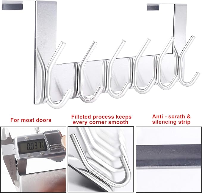 SKOLOO Over The Door Hook - 6 Hooks, No Assembly Required, Stainless Steel Door Hooks, Over Door Coat Rack for Hanging Coats Clothes Hats Robes, Silver