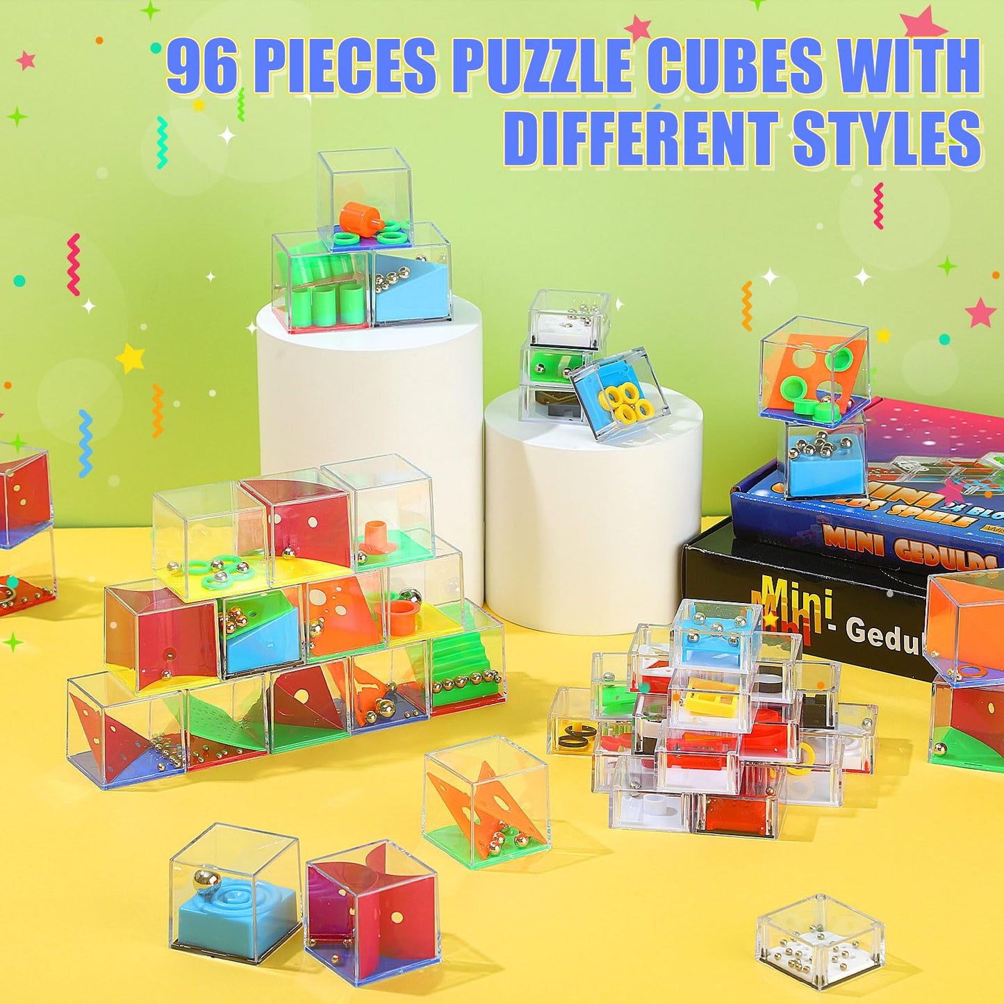 Lenwen 96 Pieces Brain Teaser Puzzle Mini Fidget Cubes 3D Ball Maze Cube Puzzle Cubes Party Favor Games Challenge Decompression(Classic Colors)