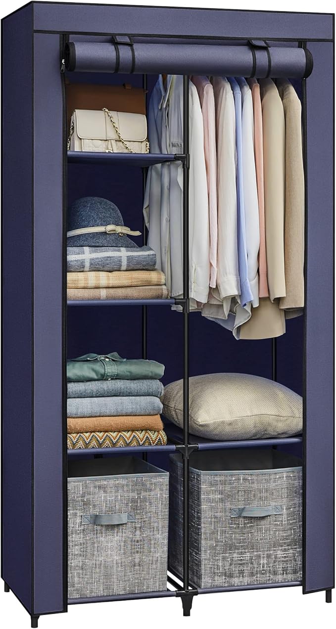 SONGMICS Portable Closet, 34.6 Inch Large Capacity Wardrobe Closet Organizer with Fabric Cover, Hanging Rods and Shelves, 34.6 x 17.7 x 66.1 Inches, for Bedroom, Living Room, Dark Blue URYG084I02