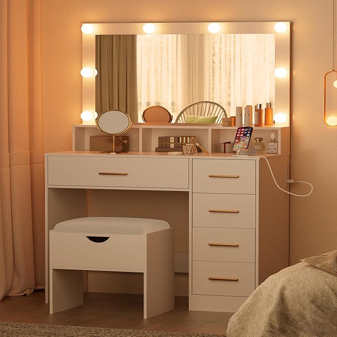 Vanity Desk with Mirror and Lights, 35.43" Large Mirror Makeup Table with Stool, 5 Drawers Dressing Table for Girls and Ladies Bedroom, White and Gold