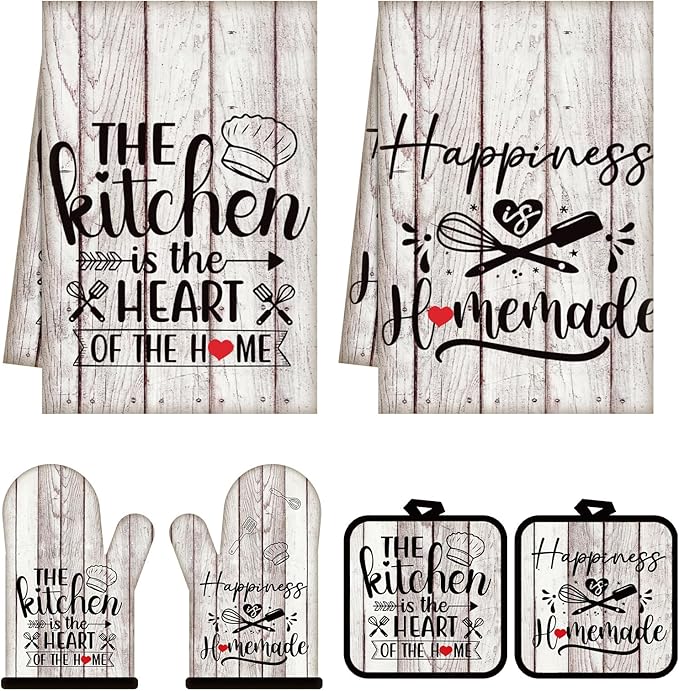 Sratte 6 Pcs Kitchen Decor Accessories Set Farmhouse Towels Pot Holders Oven Mitts Set 2 Dish Towels 2 Potholders 2 Cooking Mittens Oven Glove for Christmas Baking Cooking(White Wood Grain)