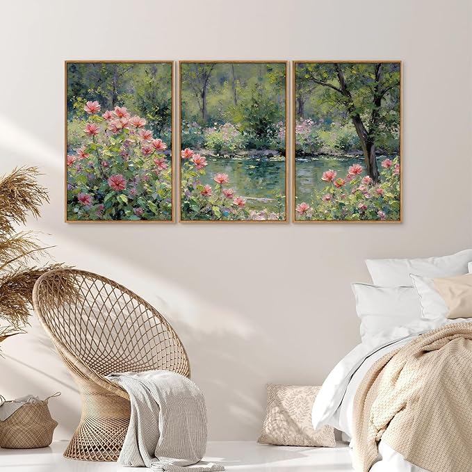 YeeHomedec Monet Botanical Framed Canvas Wall Art, Impressionist Floral Garden Wall Decor, Vintage Flower Pond Tree Artwork, Nature Landscape Art Paintings for Living Room Bedroom Bathroom 16"x24"x3
