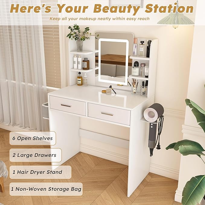 Small Makeup Vanity Desk with Mirror and Lights, Vanity Table Set with 2 Storage Drawer & Open Shelves, 3 Lighting Colors, Adjustable Brightness Makeup Vanity, White