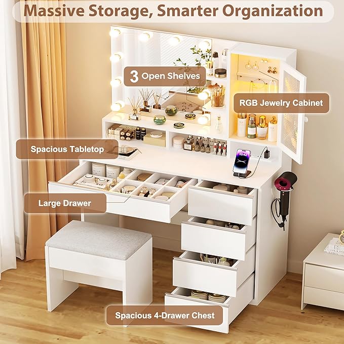 Vanity Desk with LED Lights Mirror, 35.43" Modern Makeup Table with 6 Storage Drawers & Stool for Ladies and Girls, RGB Light Makeup Desk with Power Outlet for Bedroom Dressing Room, White