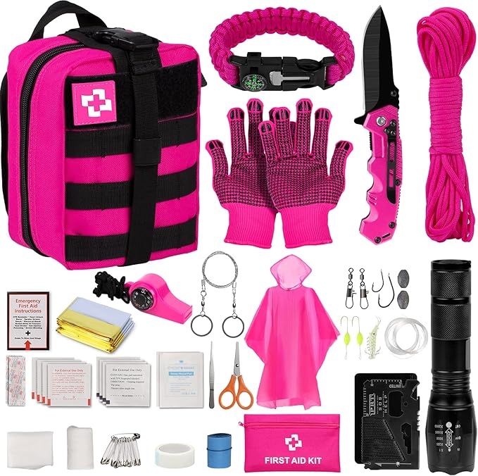 Emergency Survival Kit and First Aid Kit, Self Defense Kit Safety Kit, Survival Gear and Equipment with Tactical Molle Pouch and Emergency Tent, Outdoor Adventure, Hiking, Hunting, Gifts for Men Women