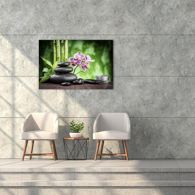 GUTTATY Zen Wall Art Decor, Modern Bathroom Zen Decor Wall Art, Canvas Wall Art for SPA Zen Room Decor, Green Bamboo and Pebble Relaxing Art Prints for Office & SPA Wall Decor 18x24 Inches