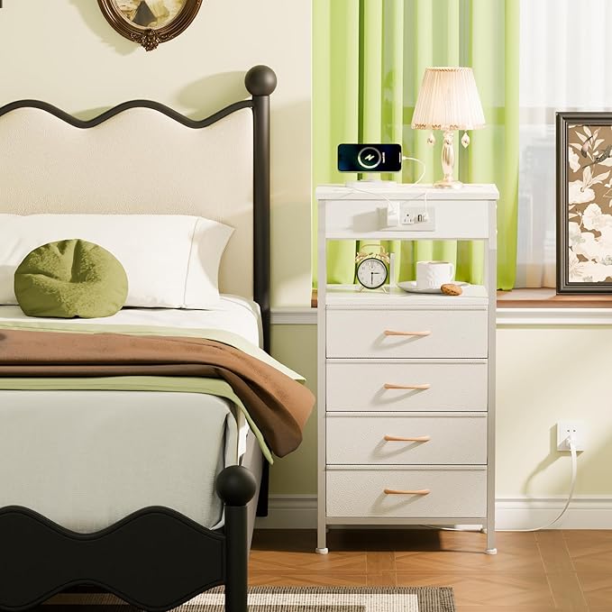 Furnulem Night Stand with Charging Station, Dresser with PVC & Fabric Drawers, 33.3 Inch Side Table with Open Shelf, Tall Bedside Table for Closet, Entryway, Bedroom Furniture, 3 Ways to Use, White