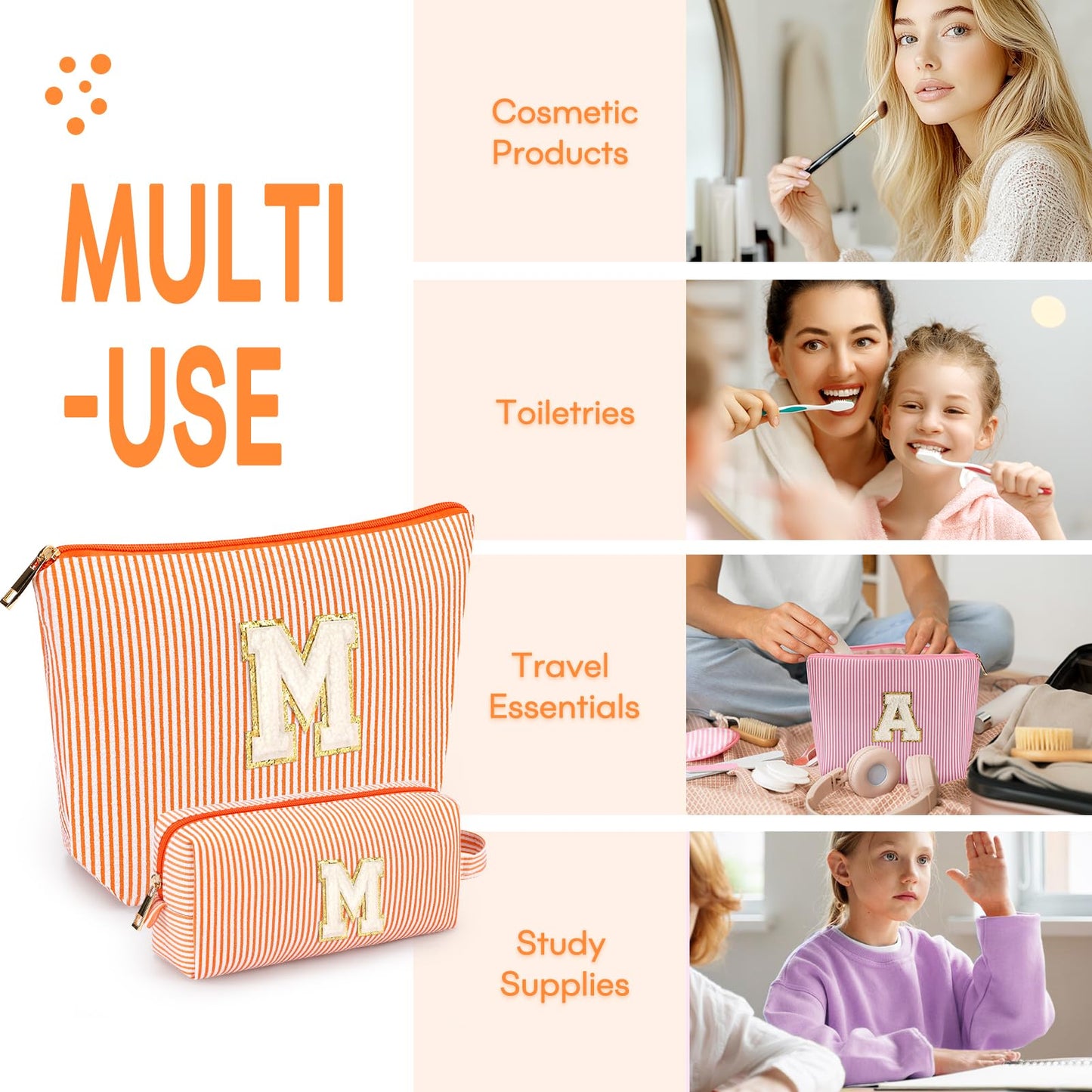 mibasies 2 PCS Initial Makeup Bags: Mothers Day Gifts for Women - Best Friend Birthday Gifts Graduation Gifts Wedding Bridesmaid Girlfriend Wife Daughter Sister Girl Gifts - Orange M