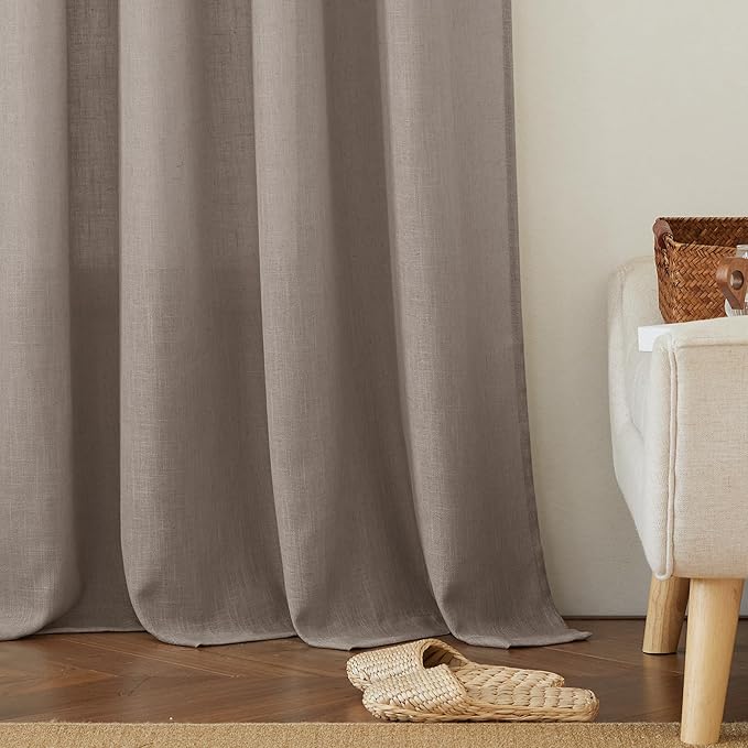 RYB HOME Privacy Sheer Curtains for Living Room, Linen Textured Semi Sheer for Bedroom Window Treatment Panels Light Glare Filtering, Birch Brown, Width 52 x Length 90 per Panel, 1 Pair