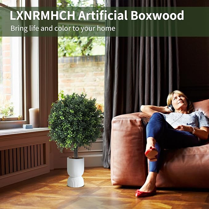 27.2" Artificial Boxwood Topiary Set of 2 with Spike, Fake Plants Boxwood Balls Greenery Bushes, Uv Resistant Artificial Outdoor Plants Shrubs for Front Porch Decor, Home Faux Plants Indoor