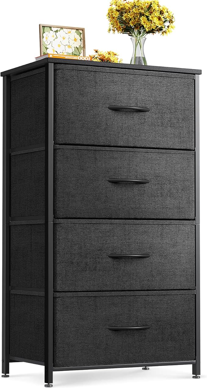 ODK Dresser for Bedroom with 4 Storage Drawers, Small Dresser Chest of Fabric Drawers with Sturdy Steel Frame, Wood Top, Black
