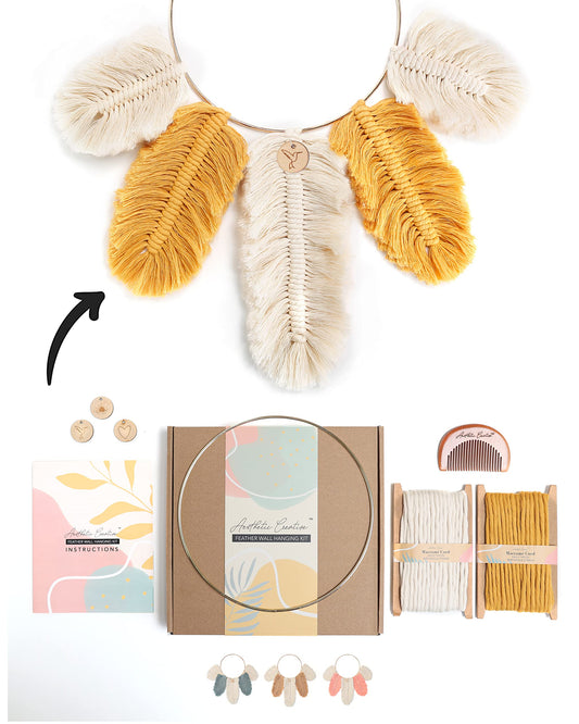 DIY Macrame Kit, Feather Dream Catcher Wall Hanging Kits for Teens & Adult Beginners, Craft Supplies for Boho Art Project-Macrame Cord, Gold Hoop, Accessories & Instructions (Sundial)