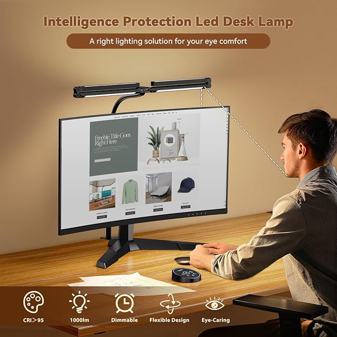 Led Desk Lamps for Home Office - Eye Caring Architect Lamp with Clamp, Double Head Computer Monitor Gooseneck Desk Light with Remote Control: 24W Flexible Dimmable Desktop Table Lamp