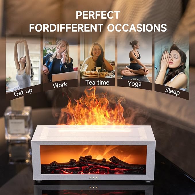 Fireplace Flame Air Diffuser Humidifier,7 Colors Aromatherapy Essential Oil Diffuser,Ultrasonic Aroma Humidifier with Timer for Home,Bedroom,Office,Yoga (White, L)