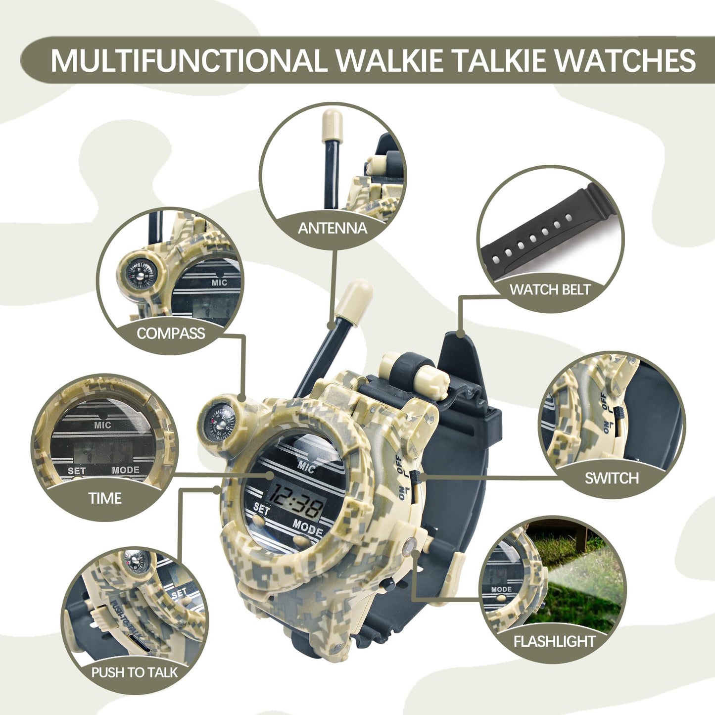 cxjoigxi Walkie Talkies for Kids Rechargeable, Spy Watch Army Toys, 7 in 1 Walkie Talkie Watches with Flashlight, Two-Way Radios Long Range Interphone Toy Gifts for Boys Girls fit Outdoor Game Camping