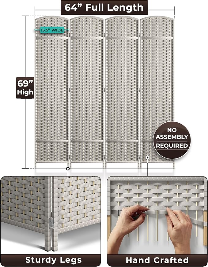 Sorbus 4 Panel Room Divider 6 ft. Tall - Privacy Screen, Extra Wide Double Hinged Panels, Mesh Hand-Woven Design, Partition Room Dividers and Folding Privacy Screens, Wall Divider for Room Separation
