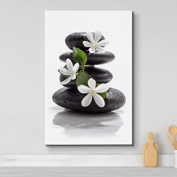wall26 Canvas Print Wall Art Zen Dark Basalt Stones with Magnolia Blossoms Nature Floral Photography Realism Rustic Colorful Multicolor Ultra for Living Room, Bedroom, Office - 32"x48"