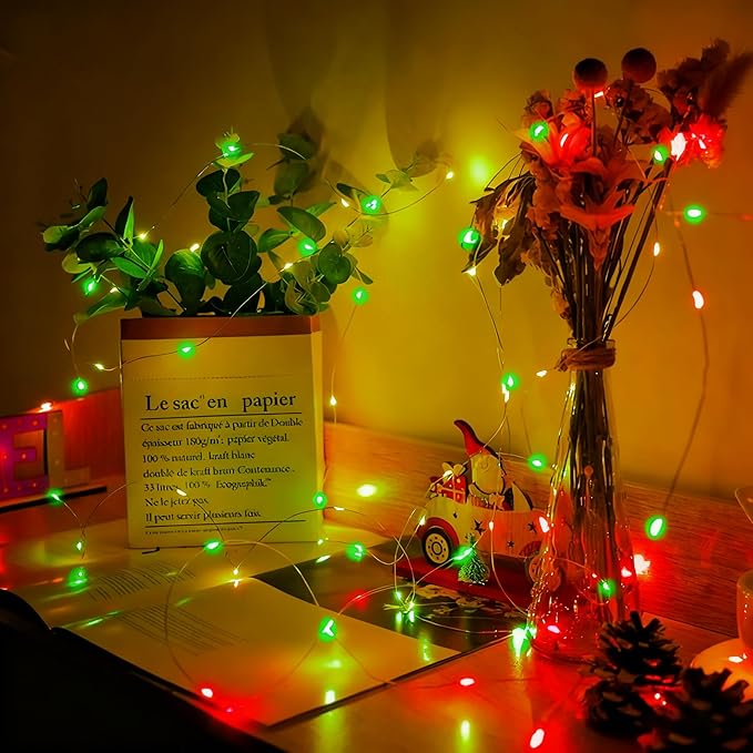 Aogist 100 Pack Fairy Lights 3 Modes 7ft 20 LED Waterproof,Battery Operated Silver Wire Firefly Starry Moon Mini String Lights for Mason Jars Christmas DIY Crafts Wedding Party Bedroom,Red&Green