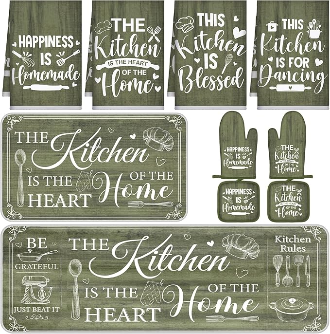 10 Pcs Farmhouse Kitchen Decor and Accessories Set 4 Kitchen Towels 2 Pot Holders 2 Oven Mitts 2 Rugs for Cooking Baking Mom Housewarming Gifts(Sage Green,Classic Style)