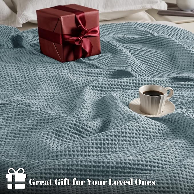 PHF 100% Cotton Waffle Weave Blanket Queen Size for Bed,Snag Proof Lightweight Breathable Moisture-Wicking Throw for Couch,Great for Layering in Cold Weather,Machine Washable, Home Decor Gift-Ocean