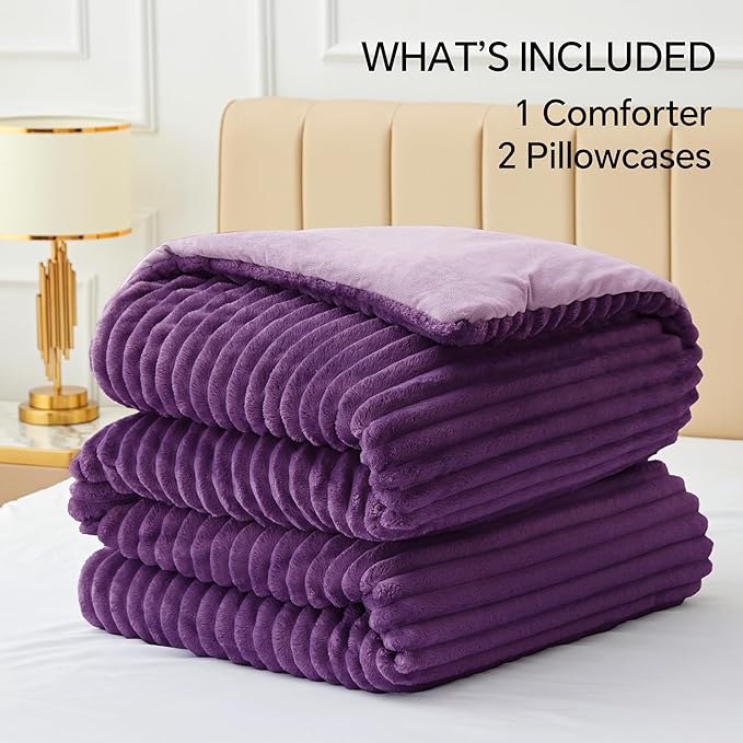 BEDELITE Fleece Queen Comforter Set -Super Soft & Warm Fluffy Purple Bedding, Luxury Fuzzy Heavy Bed Set for Winter with 2 Pillow Cases
