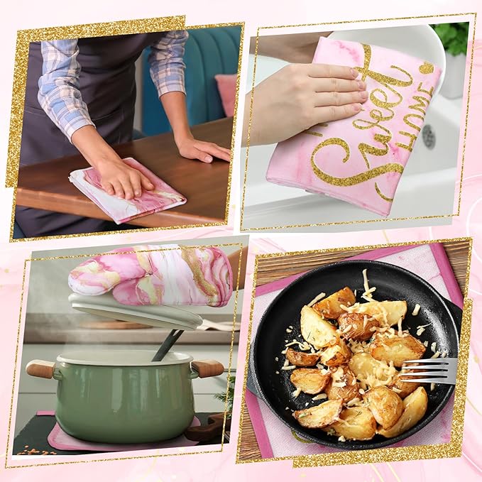 Bencailor 6 Pcs Marble Kitchen Decor Gold Pot Holders Oven Mitts 2 Dish Towels 2 Farmhouse Cooking Mittens Oven Glove and Potholder for Baking Cooking Grilling Supply Accessories(Pink)
