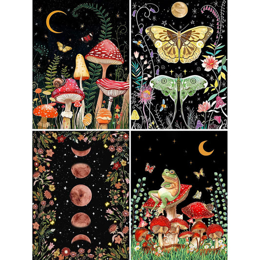 VeGuude Paint by Numbers for Adults and Kids Beginner, 4 Pack Painting by Number Kits On Canvas, Without Frame DIY Moon Mushroom Oil Painting Acrylic Paints, Home Wall Decor Gift 12x16inch