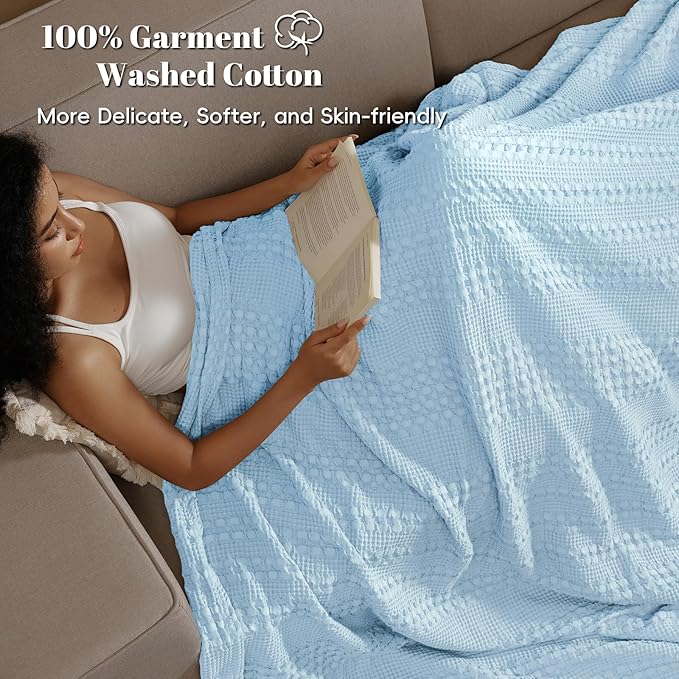PHF 100% Cotton Waffle Weave Blanket Queen Size for Bed, Soft Lightweight & Breathable, All-Season Comfort, Luxury Aesthetic Woven Bedding for Home Decor, 90"x90", Baby Blue