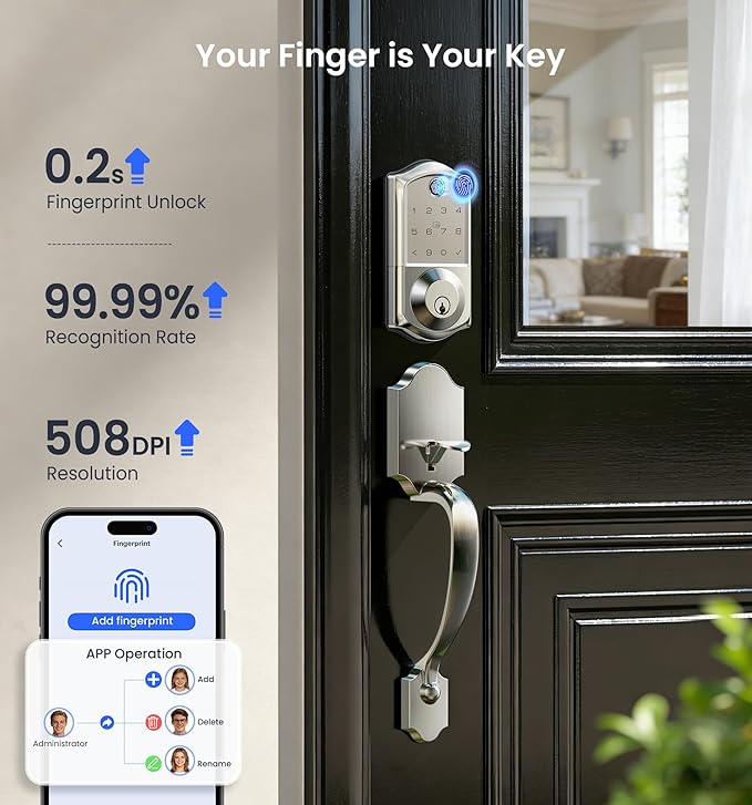 Veise VE017-H Fingerprint Smart Front Door Lock Set, App Control, 8-in-1 Keyless Entry Deadbolt with Zinc Alloy Handles, Emergency Power Port, Touchscreen Keypad, Auto Lock, Easy Install, Satin Nickel