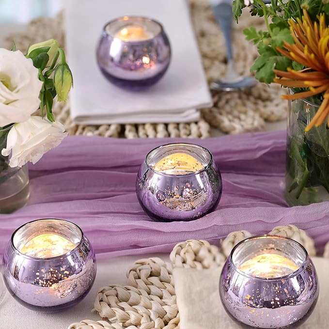 Volens Round Purple Votive Candle Holders Set of 12, Purple Wedding Centerpiece Table Decorations, Mercury Glass Tealight Candle Holder for Bridal Shower, Baby Shower & Home Decor