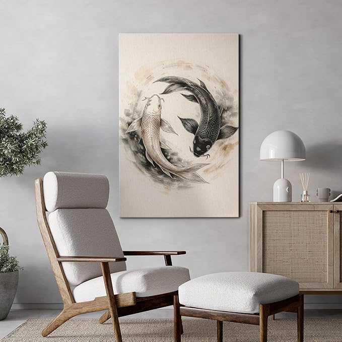 wall26 Canvas Print Wall Art Yin Yang Koi Fish Circle Minimal Asian Inspired Photography Realism Rustic Colorful Multicolor for Living Room, Bedroom, Bathroom - 12"x18"