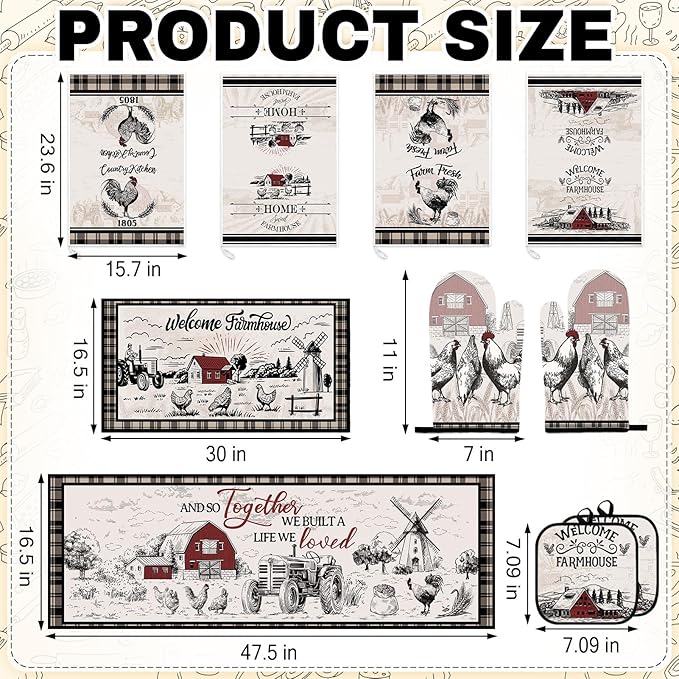 Rooster Kitchen Decor Set 10 Piece - Farmhouse Chicken Red Barn Kitchen Mats, Towels, Oven Mitts and Pot Holders - Primitive Country French Style Home Decoration
