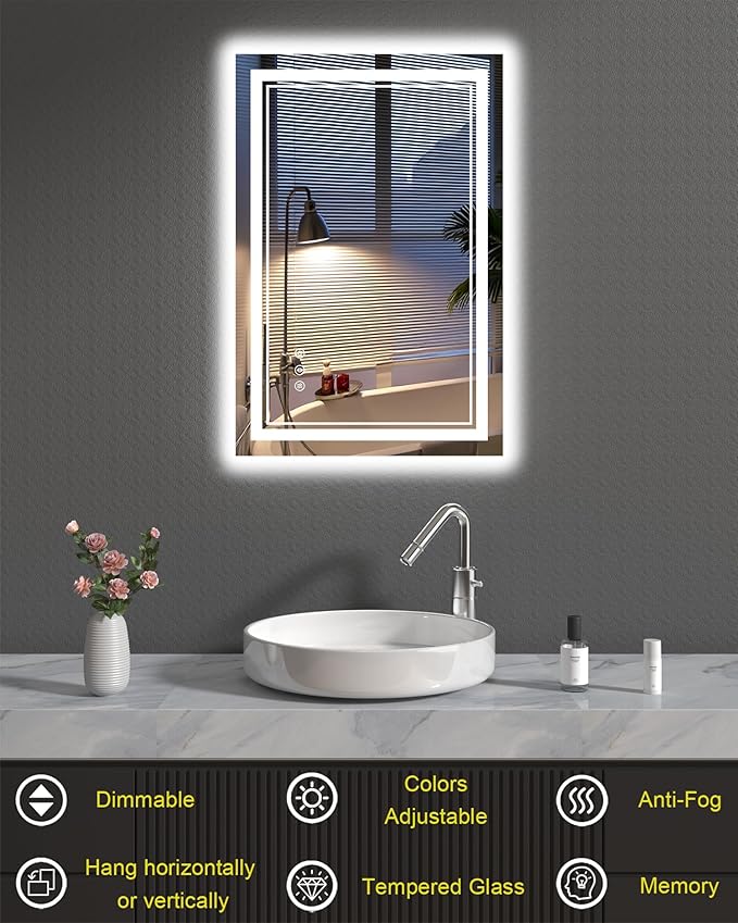 LED Mirror for Bathroom, 20x28 Inch Lighted Mirrors for Bathroom Wall with Unbreakable Tempered Glass, 3 Colors Stepless Dimmable, Super Bright 2 Front Lights + Backlit, Anti-Fog, Memory Function
