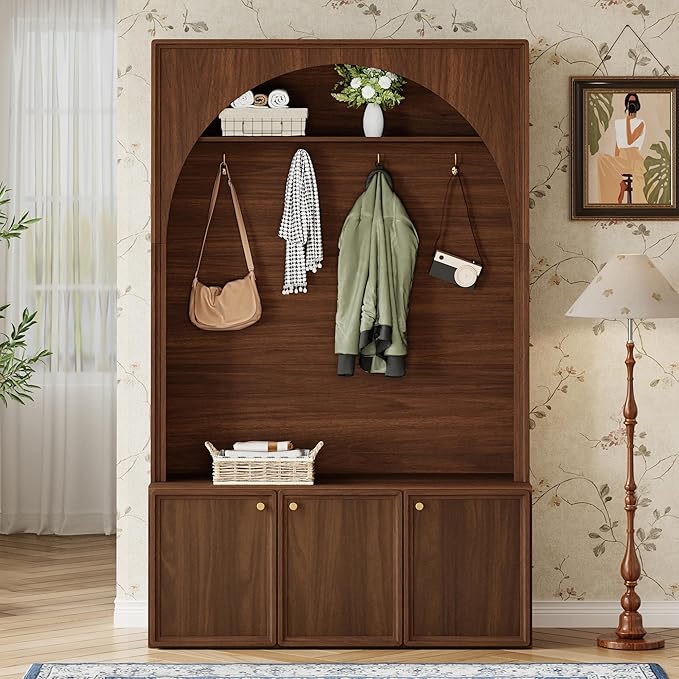 LUMISOL Farmhouse Hall Tree with Storage Bench, Arched Design Coat Rack with 4 Golden Hooks and Adjustable Shelves, Entryway Bench with 3 Cabinets, Retro Hall Cabinet for Living Room, Walnut