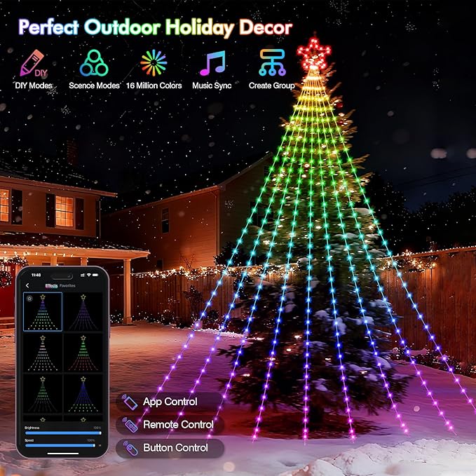 12FT Outdoor Christmas Decorations, Smart RGB Color Changing Christmas Hanging Waterfall String Lights, APP Remote Control, DIY Multi-Color Lightshow, Music Sync, Outside Xmas Lights Decor