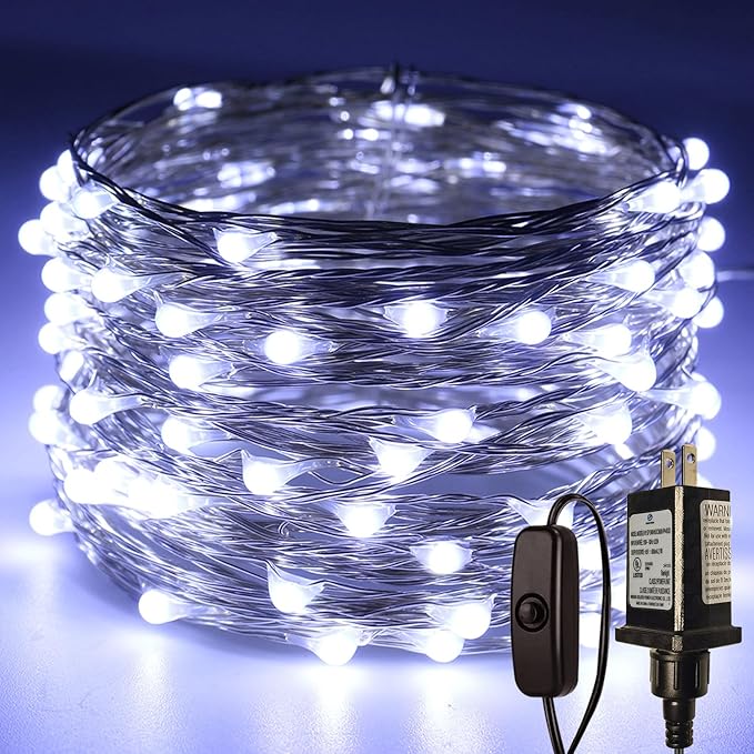 RUICHEN Plug in Fairy Lights with Switch, Waterproof 33 Ft 100 LED Silver Wire Starry String Firefly Lights for Christmas, Easter, National Day, Parties, Wedding, Vases, Craft, Cool White