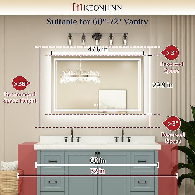 Keonjinn LED Bathroom Mirror 48” x 30” with Frontlit and Backlight, Stepless 3 Colors Temperature & Dimmable Wall Mirror, Tempered Glass, UL Listed LED Driver, Double Lights, Anti-fog Frameless Mirror