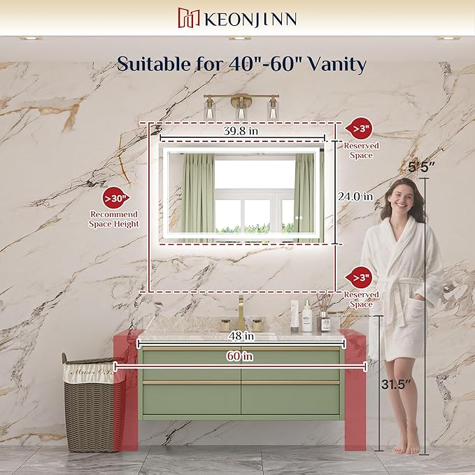 Keonjinn LED Bathroom Mirror with Lights, 40 x 24 Inch Frontlit & Backlit Mirror for Bathroom Wall, HD Tempered Glass, UL-Listed LED Driver, Anti-Fog, 3 Color Temperature, Dimmale, Memory Function