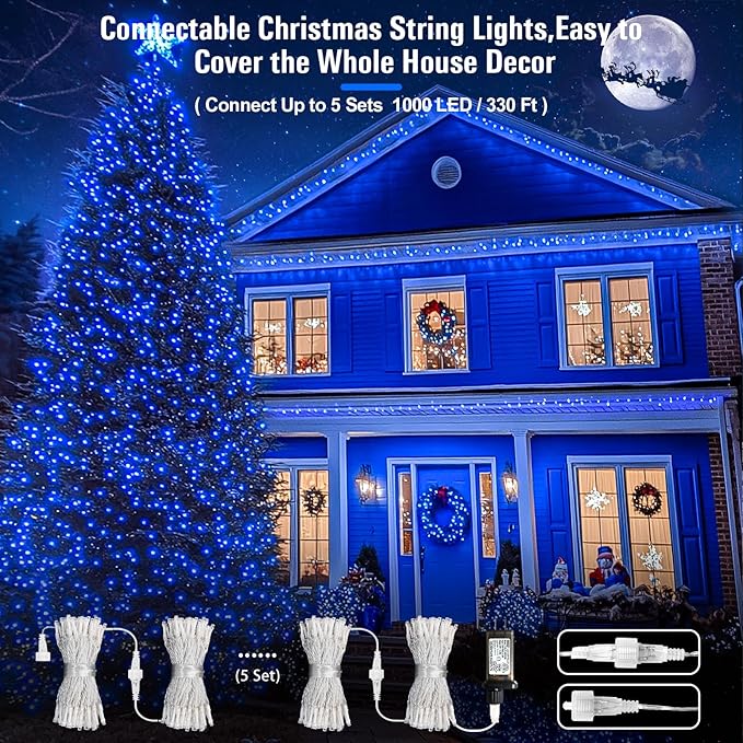 JMEXSUSS Blue Christmas String Lights Indoor Outdoor, 66ft 200 LED Blue String Lights Clear Wire Plug in, 8 Modes Waterproof Christmas Lights for Halloween Tree Party Bedroom Wall Christmas Decoration