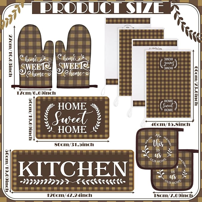 Fourluoo 10 Pcs Kitchen Set Kitchen Towels and Rugs Oven Mitts and Pot Holders Farmhouse Decor for Women Mom Gift Cooking Baking Grilling (Brown White)