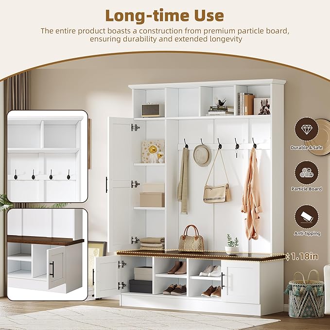 Modern 55‘’ Wide Hall Tree with 6 Hooks, Wood Brown Grain Minimalist Shoe Cabinet with Adjustable Shelves, Versatile Entryway Coat Rack for Living Room Hallway (White-11A)