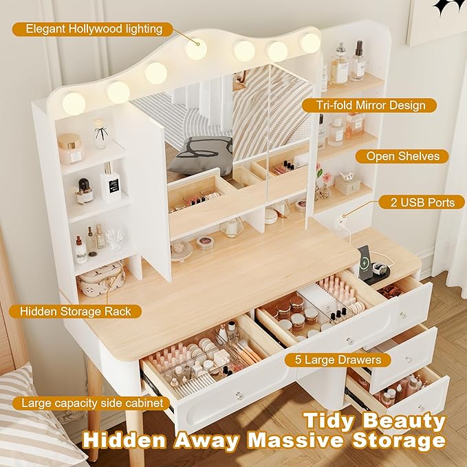 【Hanuq】 Vanity Desk with Mirror and Lights,Makeup Vanity with 2 USB Power Strip,Vanity Set with Two Drawers and Three-Drawer Chest,3 Lighting Modes Adjustable Brightness,Foldable Three-Sided Mirror