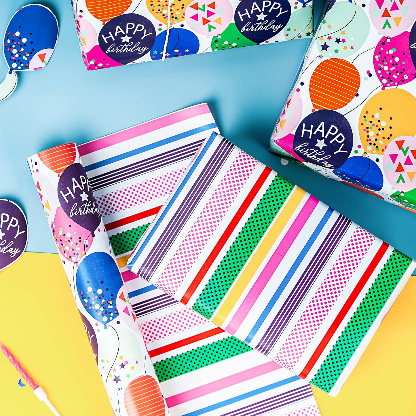 WRAPAHOLIC 30 Inch Jumbo Reversible Birthday Wrapping Paper - 30 Inch x 100 Feet Jumbo Roll - Colorful Balloon with Confetti Design for Birthday, Baby Shower