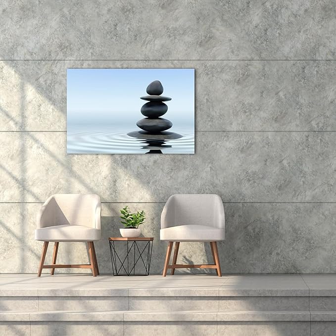 Zen Wall Art Decor, Modern Bathroom Zen Decor Wall Art, Zen Relaxing Canvas Wall Art for Spa Room Decor, Black Pebble and Waves Tranquil Zen Art Prints for Office & Spa Wall Decor 18x24 Inches