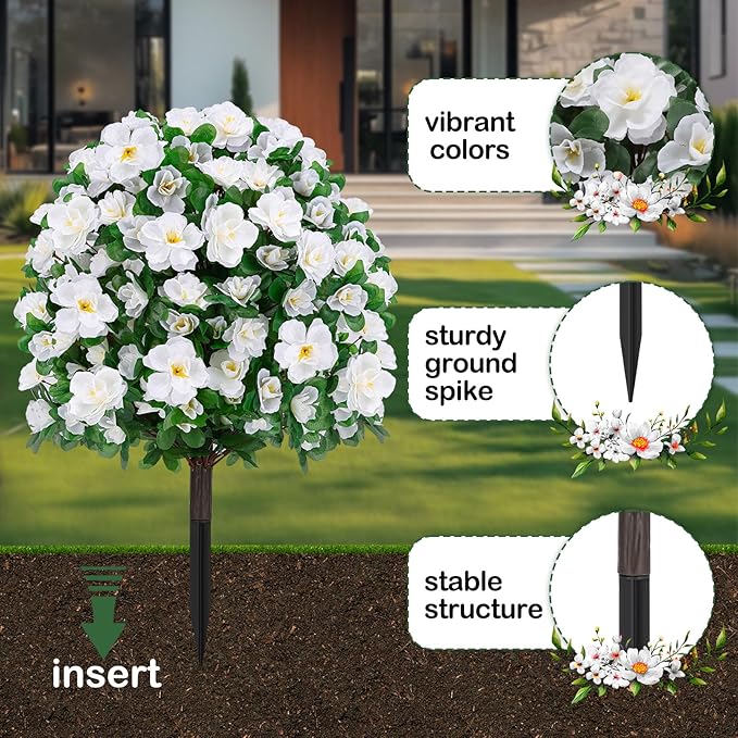 Artificial Boxwood Topiary Ball Trees with Ground Spikes UV Resistant Faux Greenery Shrubs Fake Shrubs for Outdoors, Realistic Faux Plants Bushes for Garden Porch Yard Patio Decor (White)