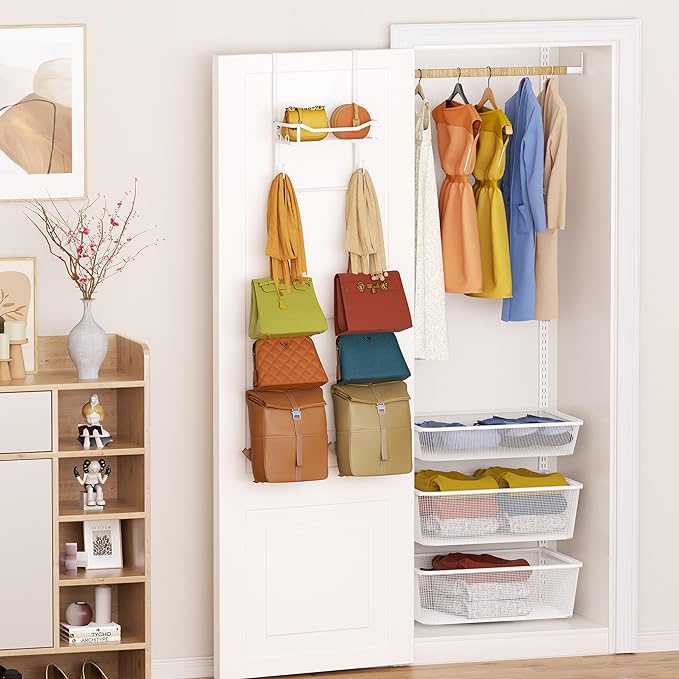 SWTYMIKI Over The Door Purse Organizer - Wall Mounted Purse Rack with 10 Hooks and Metal Basket, Hanging Handbag Storage Organizer Holds up to 10 Bags, Bag Rack Can Use As 1/2 Part, for Door, Closet